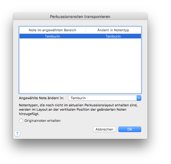 Dialogbox Perkussionsnoten transponieren